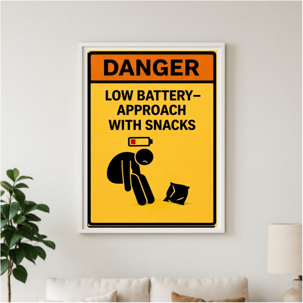 Funny Low Battery Warning Sign Approach With Snacks Humor Door Sign 13x19 Laminated Weather Sealed Wall Art