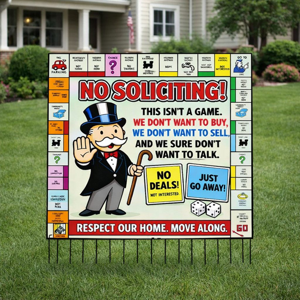 Funny No Soliciting Monopoly Style Sign We Don’t Want To Buy Or Sell 12x12in Laminated Door Sign Home Protection Decor