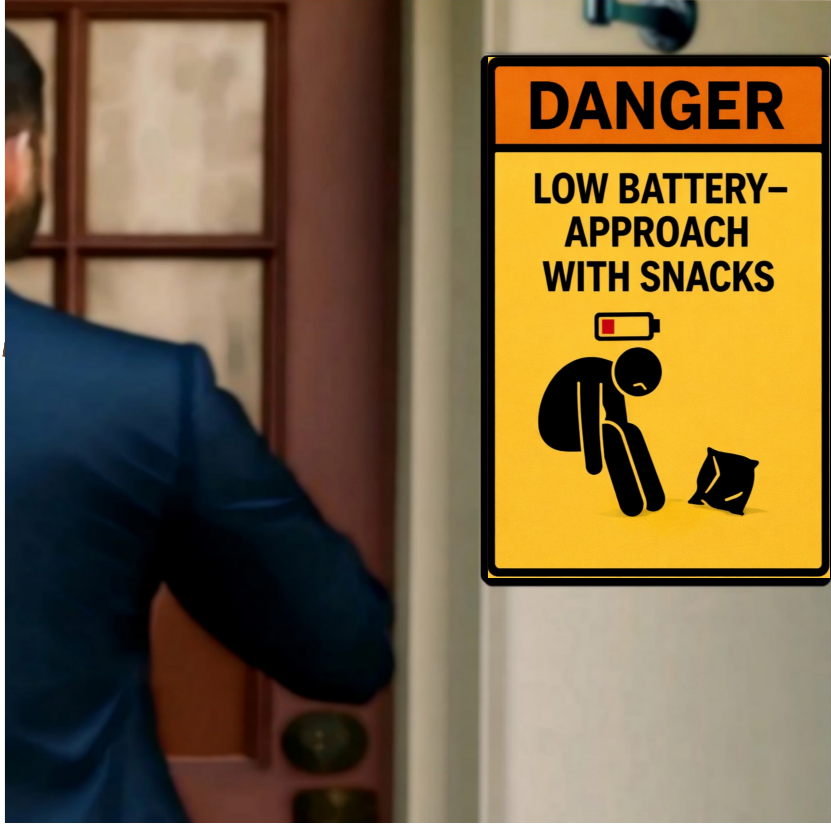 Funny Low Battery Warning Sign Approach With Snacks Humor Door Sign 13x19 Laminated Weather Sealed Wall Art