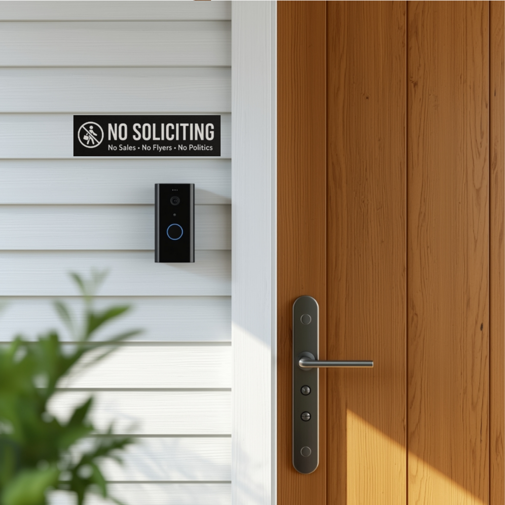 No Soliciting Sign Modern Door Sign  4x6in Laminated Aluminum Backing backing Home Security Warning Sign Minimalist Decor