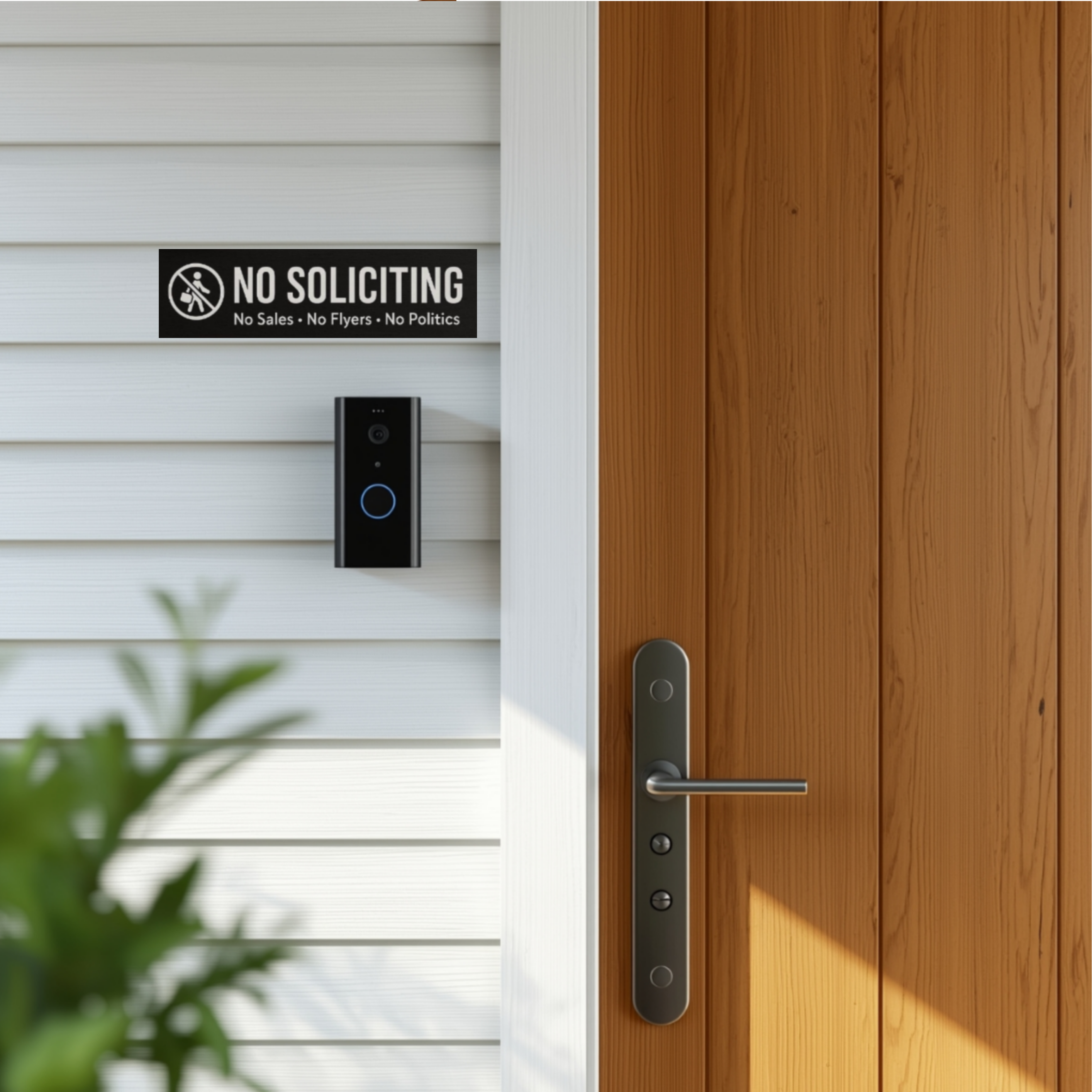 No Soliciting Sign Modern Door Sign  4x6in Laminated Aluminum Backing backing Home Security Warning Sign Minimalist Decor