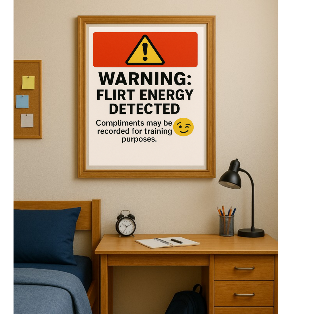 Warning: Flirt Energy Detected Sign – Funny Flirty Wall Art | Humor Decor for Office, Bedroom or Studio 13x19in