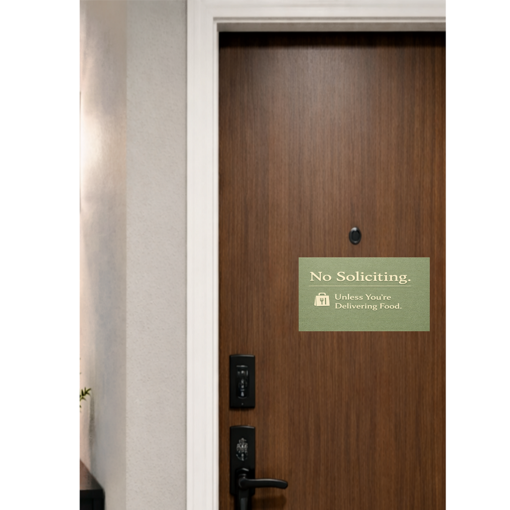 NO SOLICITING UNLESS YOU'RE DELIVERING FOOD, LAMINATED, ALUMINUM BACKING 4X6