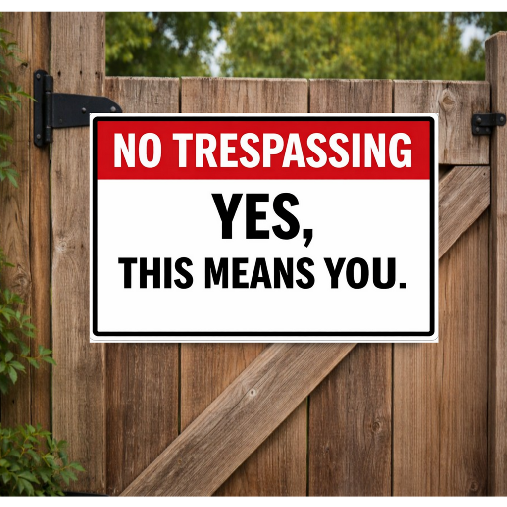 No Trespassing Sign Funny Yes This Means You 13x19 Laminated Outdoor Sign Bold Warning Door Sign Yard Security Sign Home Protection Decor