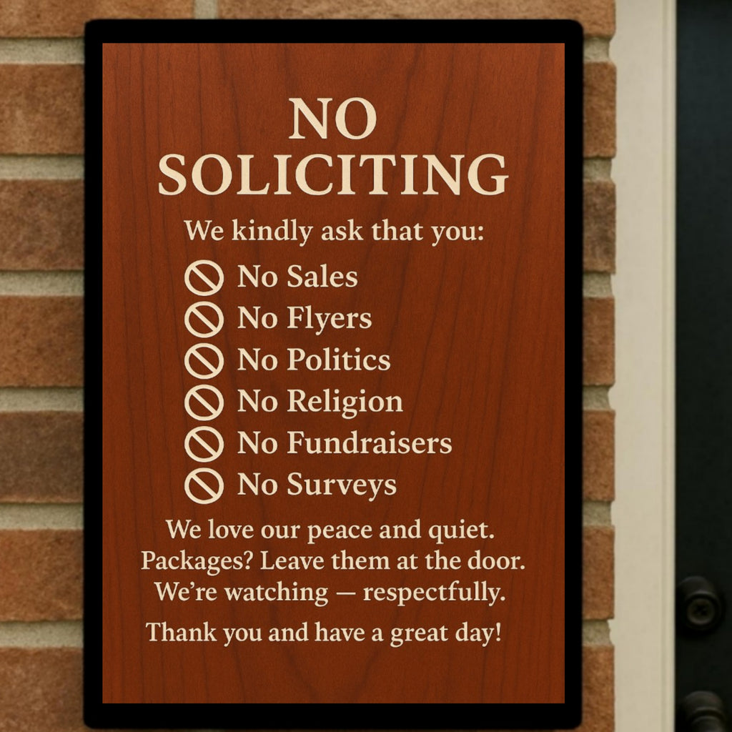 Elegant No Soliciting Sign – Polite Door Sign with Rules – 13x19 Laminated Front Door Notice – No Sales No Flyers No Politics