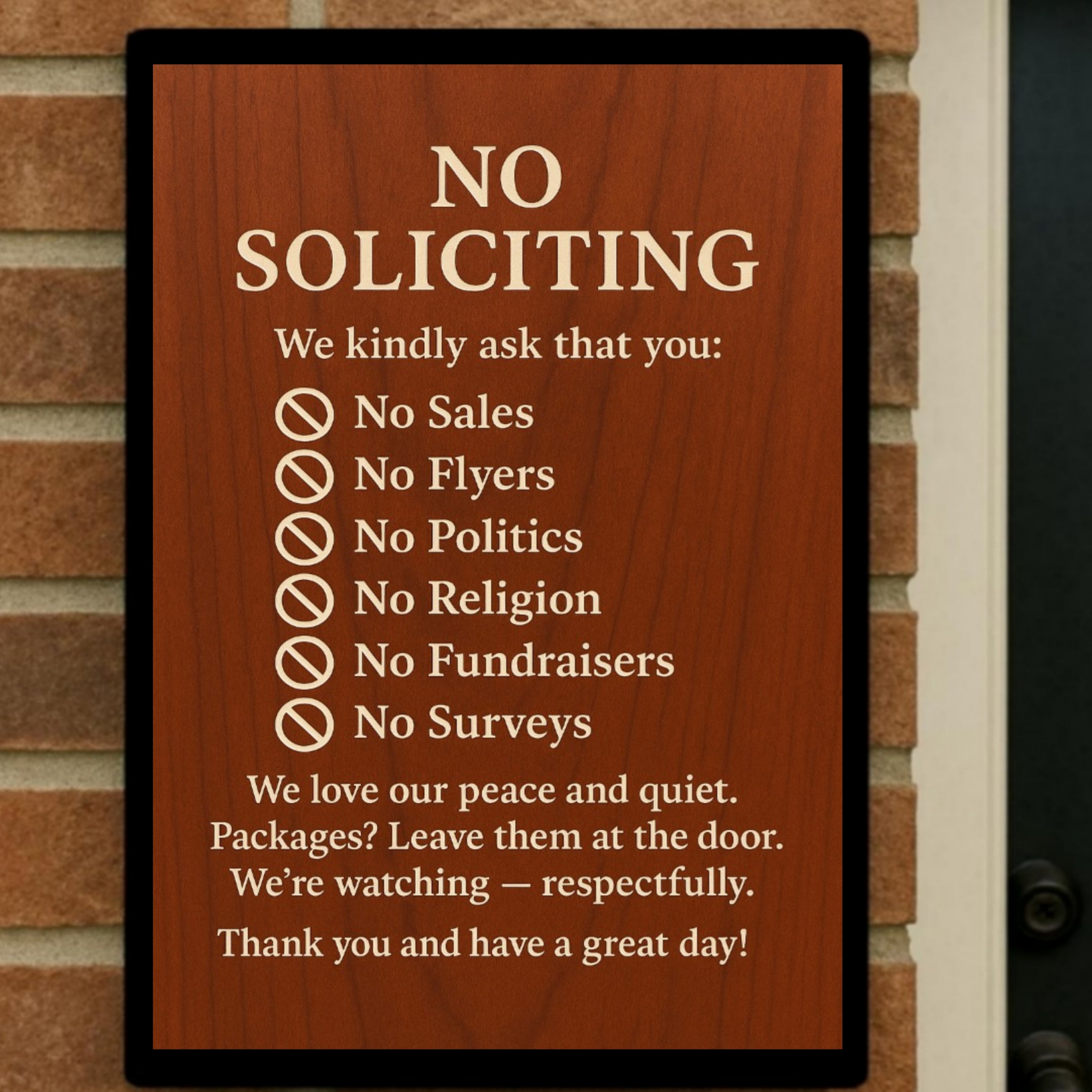 Elegant No Soliciting Sign – Polite Door Sign with Rules – 13x19 Laminated Front Door Notice – No Sales No Flyers No Politics