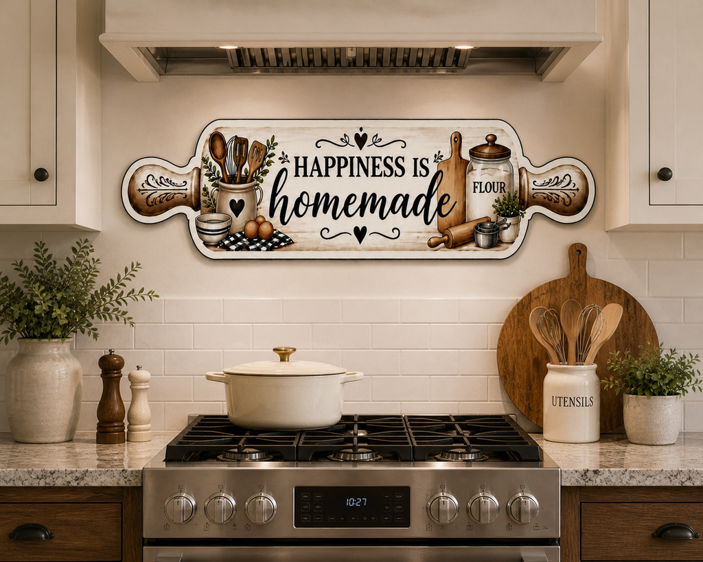 Real Wood Rolling Pin Kitchen Sign | Farmhouse Kitchen Decor | Handmade Rustic Wall Hanging | Happiness Is Homemade Sign