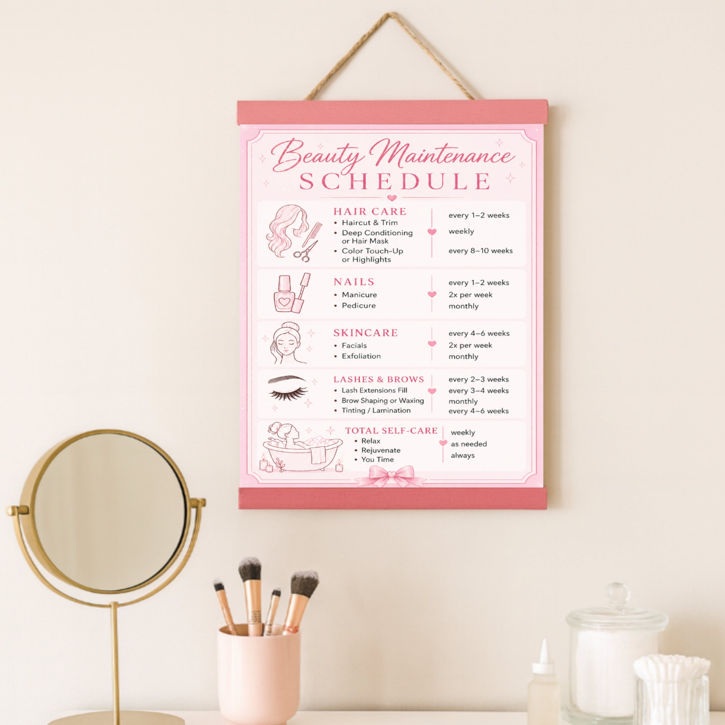 Personalized Beauty Maintenance Schedule Sign | Pink Self Care Wall Decor | Custom Beauty Routine Poster | Girly Bathroom Decor | Laminated Print