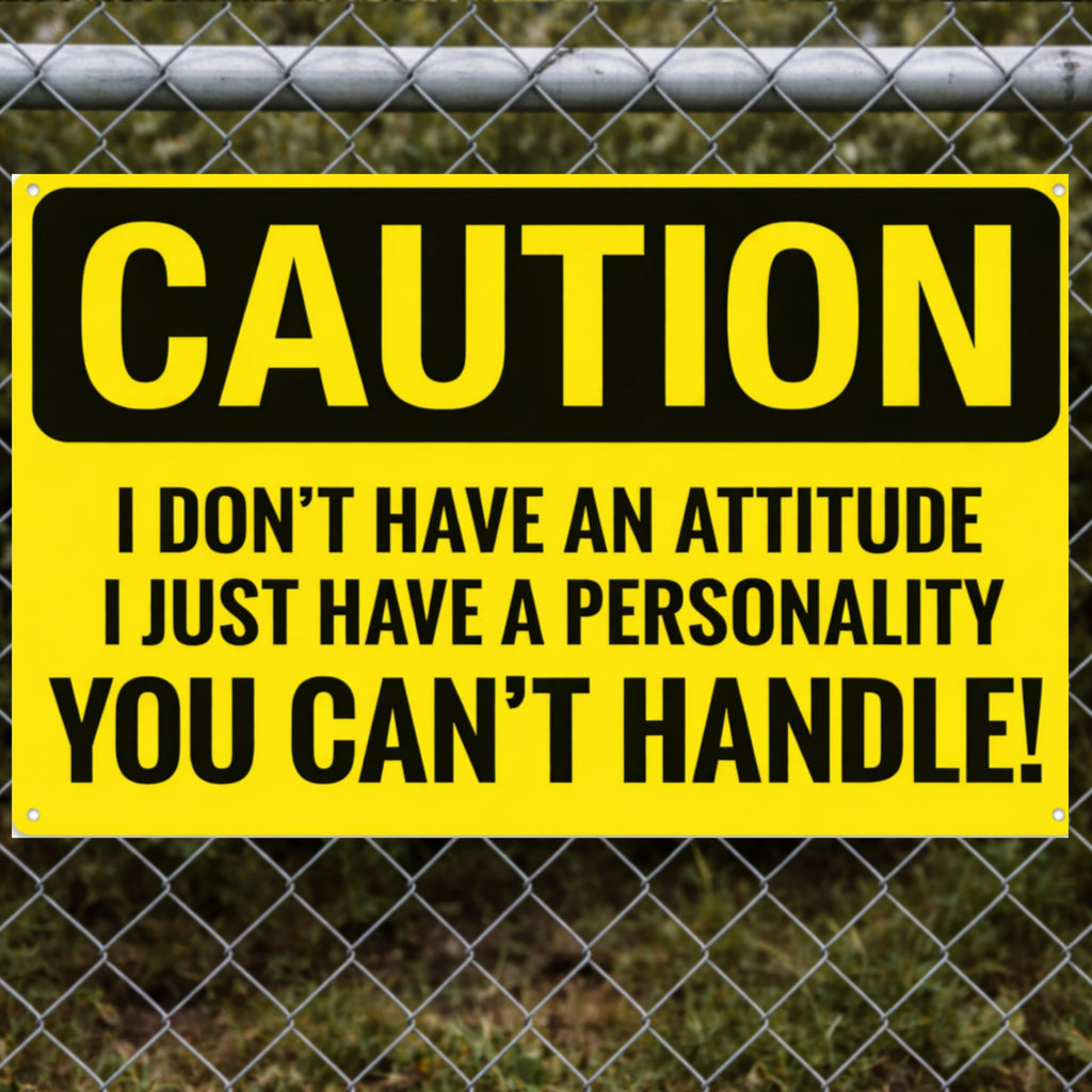 Funny Caution Sign – “I Don’t Have an Attitude, I Have a Personality You Can’t Handle” | Bold Humor Wall Art (13x19)