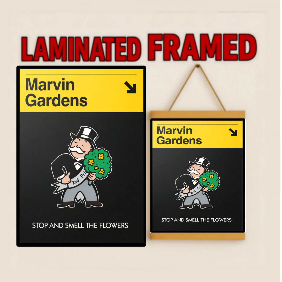 Marvin Gardens Monopoly Inspired Wall Art – Stop and Smell the Flowers Sign | Motivational Vintage Board Game Decor 13x19in Laminated or Framed