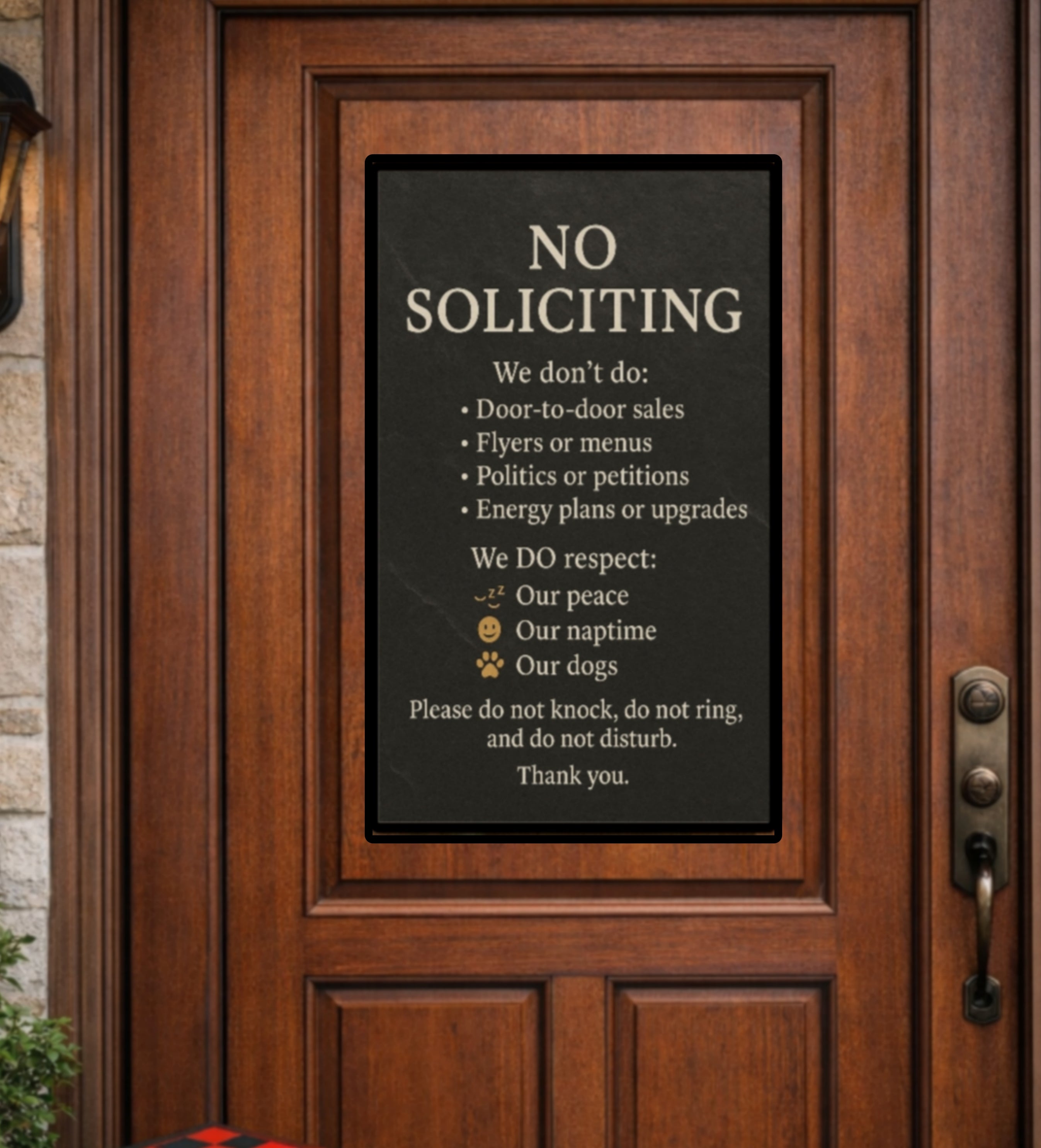 Elegant No Soliciting Sign – Respect Our Peace Door Sign  Modern Minimalist Home Entry Decor (13x19 & 8x9)