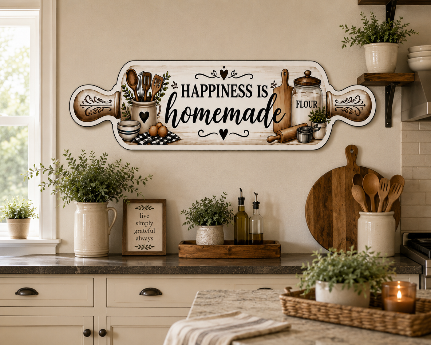 Real Wood Rolling Pin Kitchen Sign | Farmhouse Kitchen Decor | Handmade Rustic Wall Hanging | Happiness Is Homemade Sign