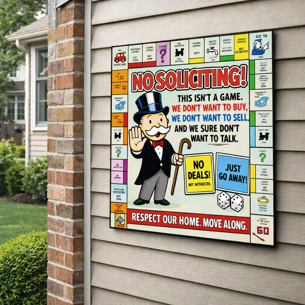 Funny No Soliciting Monopoly Style Sign We Don’t Want To Buy Or Sell 12x12in Laminated Door Sign Home Protection Decor