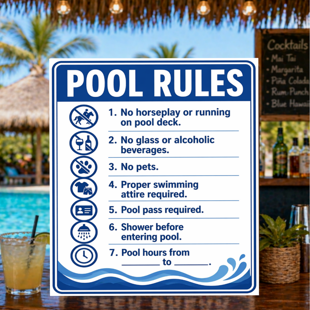 Pool Rules Sign | 13x19 Laminated Custom Pool Safety Sign | Backyard Pool Decor for Airbnb, HOA & Home