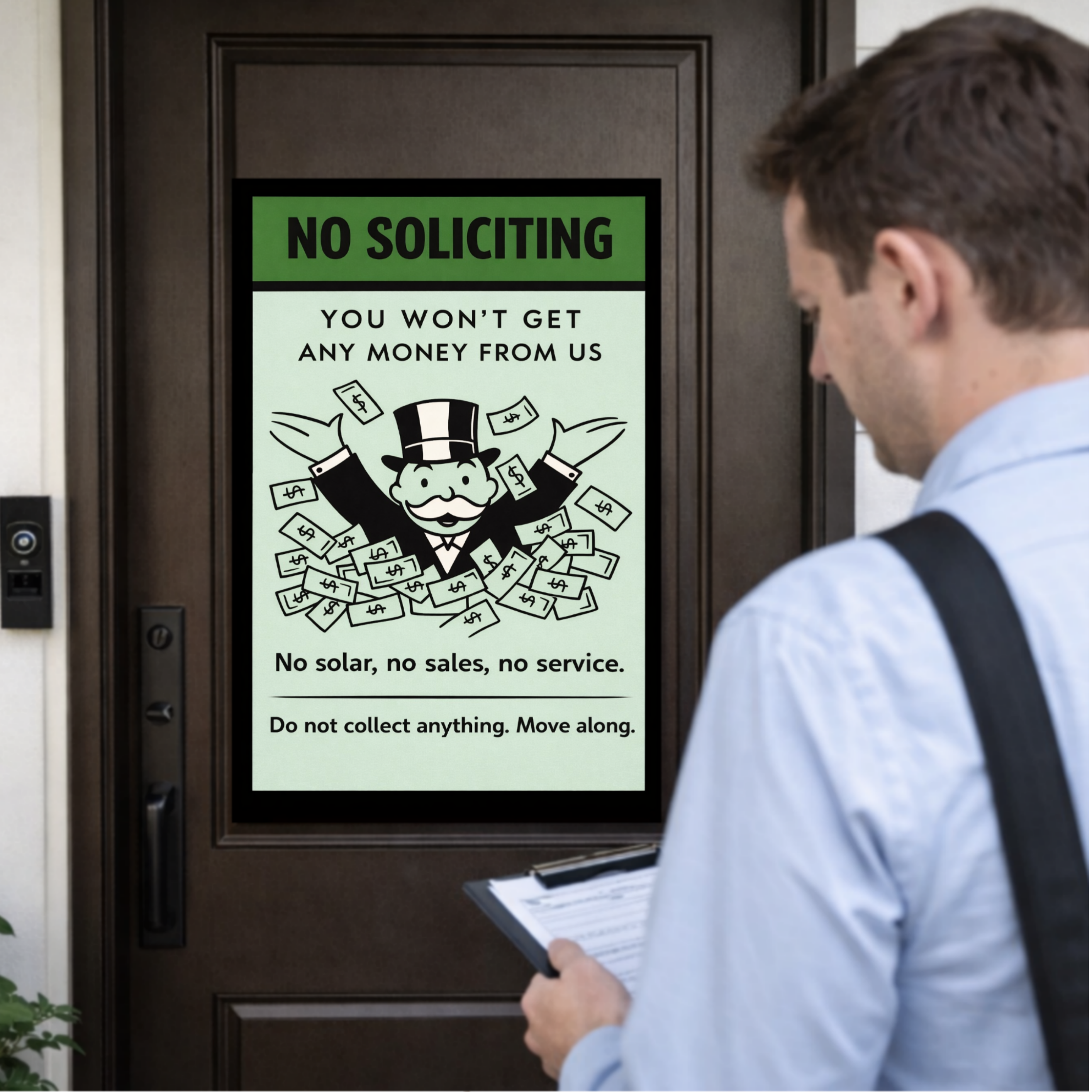 No Soliciting Funny Money Sign We Don’t Want To Buy Move Along Sign 13x19 Laminated Door Sign Home Security Decor