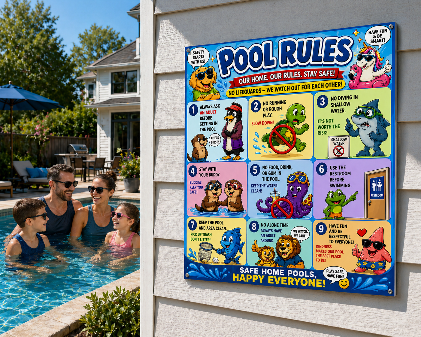 Kids Pool Rules Sign 13x19 Laminated Pool Safety Poster Cartoon Swimming Rules Decor Backyard Family Pool Wall Art