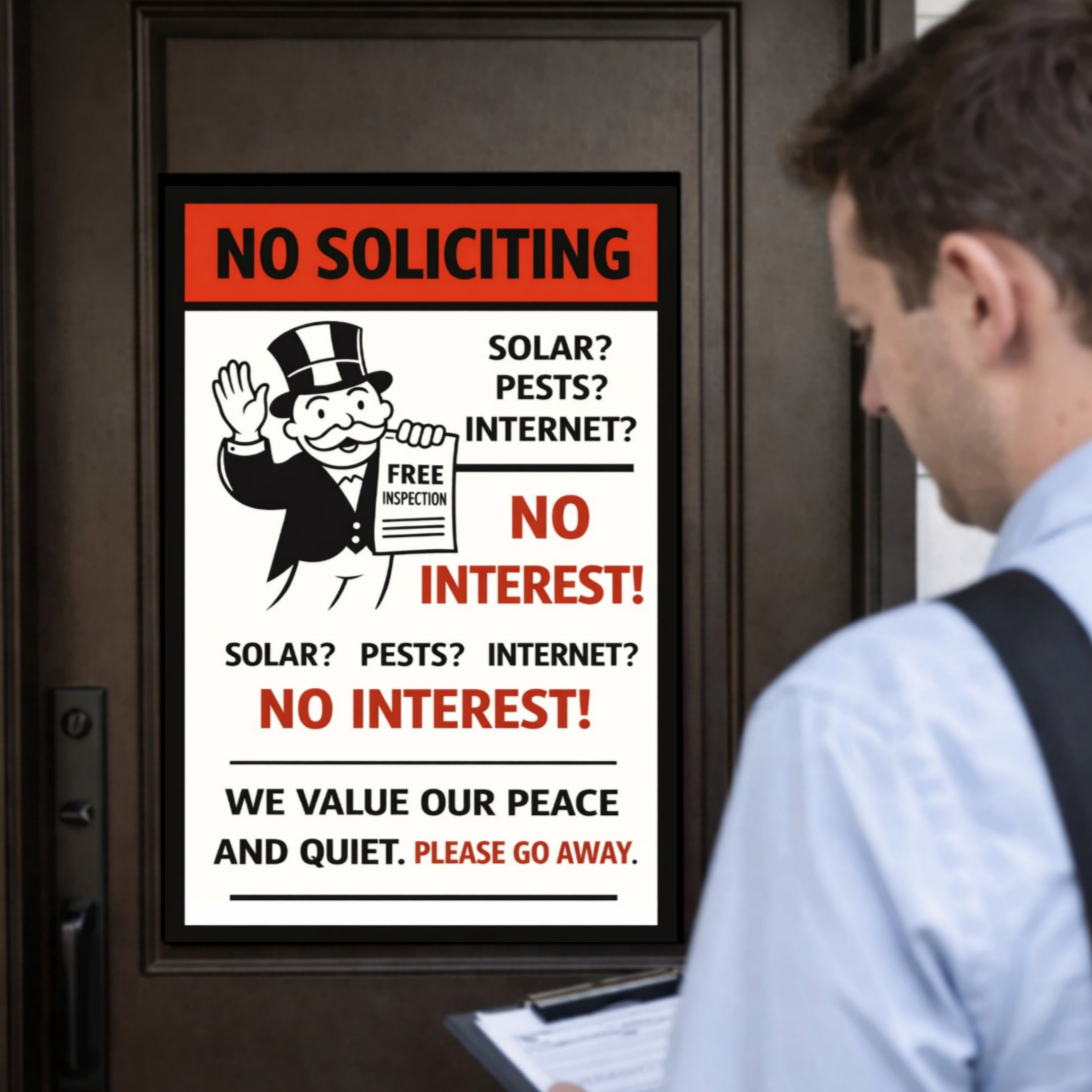 No Soliciting Sign No Interest We Value Our Peace And Quiet 13x19 Laminated Door Sign Funny No Salesmen Sign Home Decor