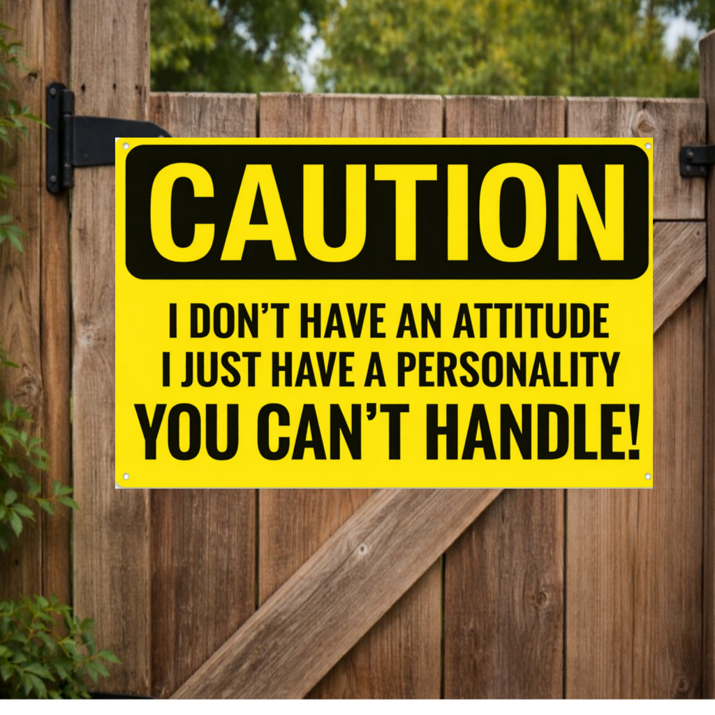 Funny Caution Sign – “I Don’t Have an Attitude, I Have a Personality You Can’t Handle” | Bold Humor Wall Art (13x19)