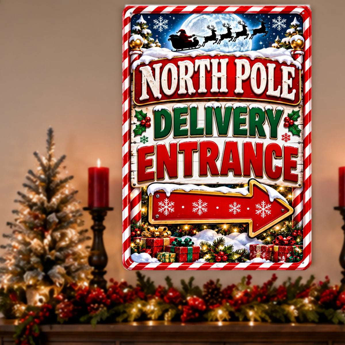 North Pole Delivery Entrance Sign, 13x19 Laminated Santa Christmas Holiday Decor