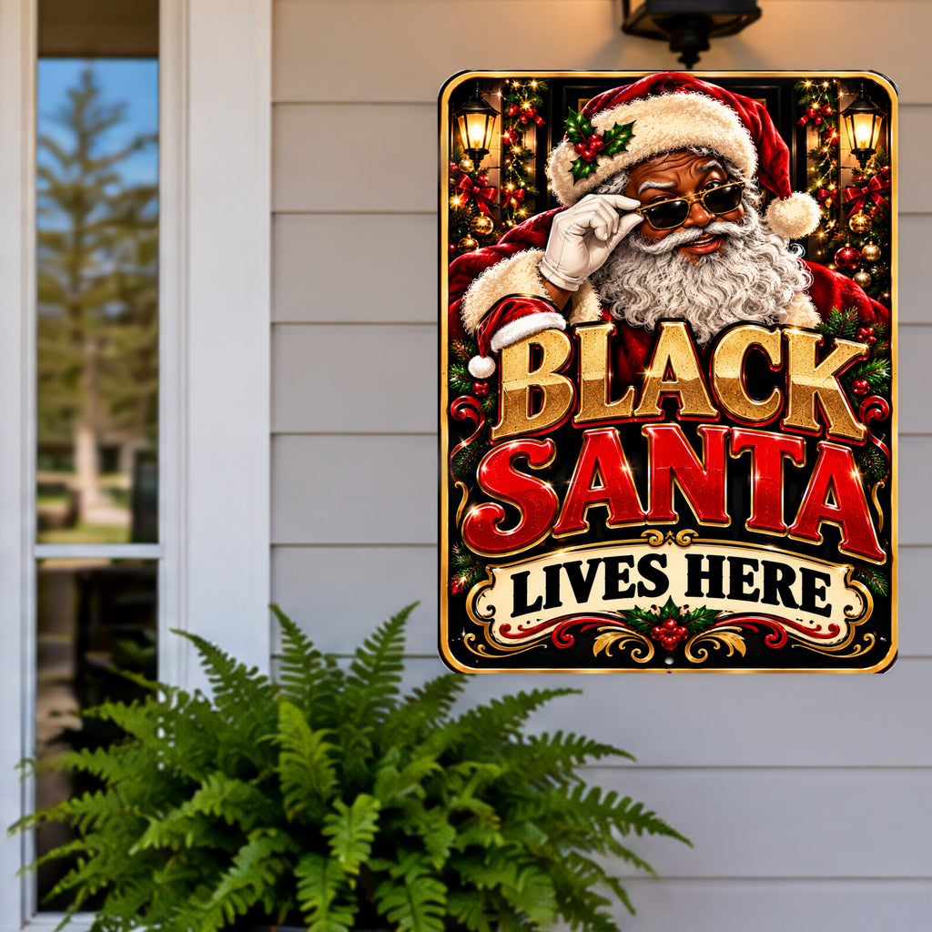 Black Santa Lives Here Sign, 13x19 Laminated African American Christmas Wall Decor