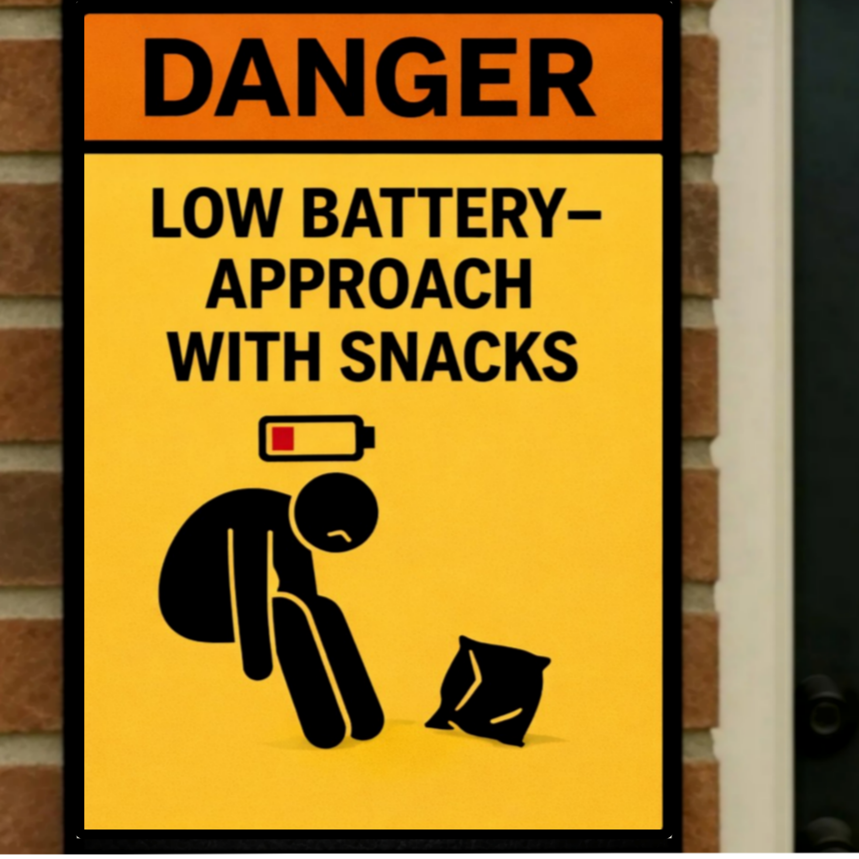 Funny Low Battery Warning Sign Approach With Snacks Humor Door Sign 13x19 Laminated Weather Sealed Wall Art
