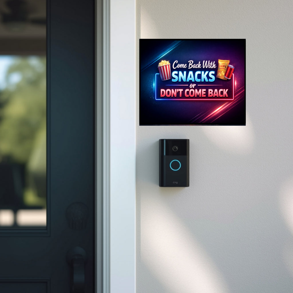 Funny No Soliciting Sign – “Come Back With Snacks or Don’t Come Back” | Do Not Knock Door Sign | Humorous Entryway Decor