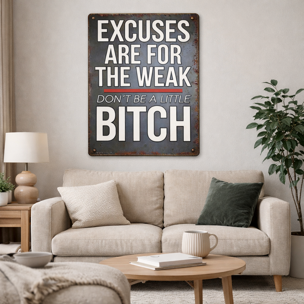 Motivational Tough Love Sign – “Excuses Are For The Weak” Wall Art | Bold Hustle Mindset Decor (13x19)