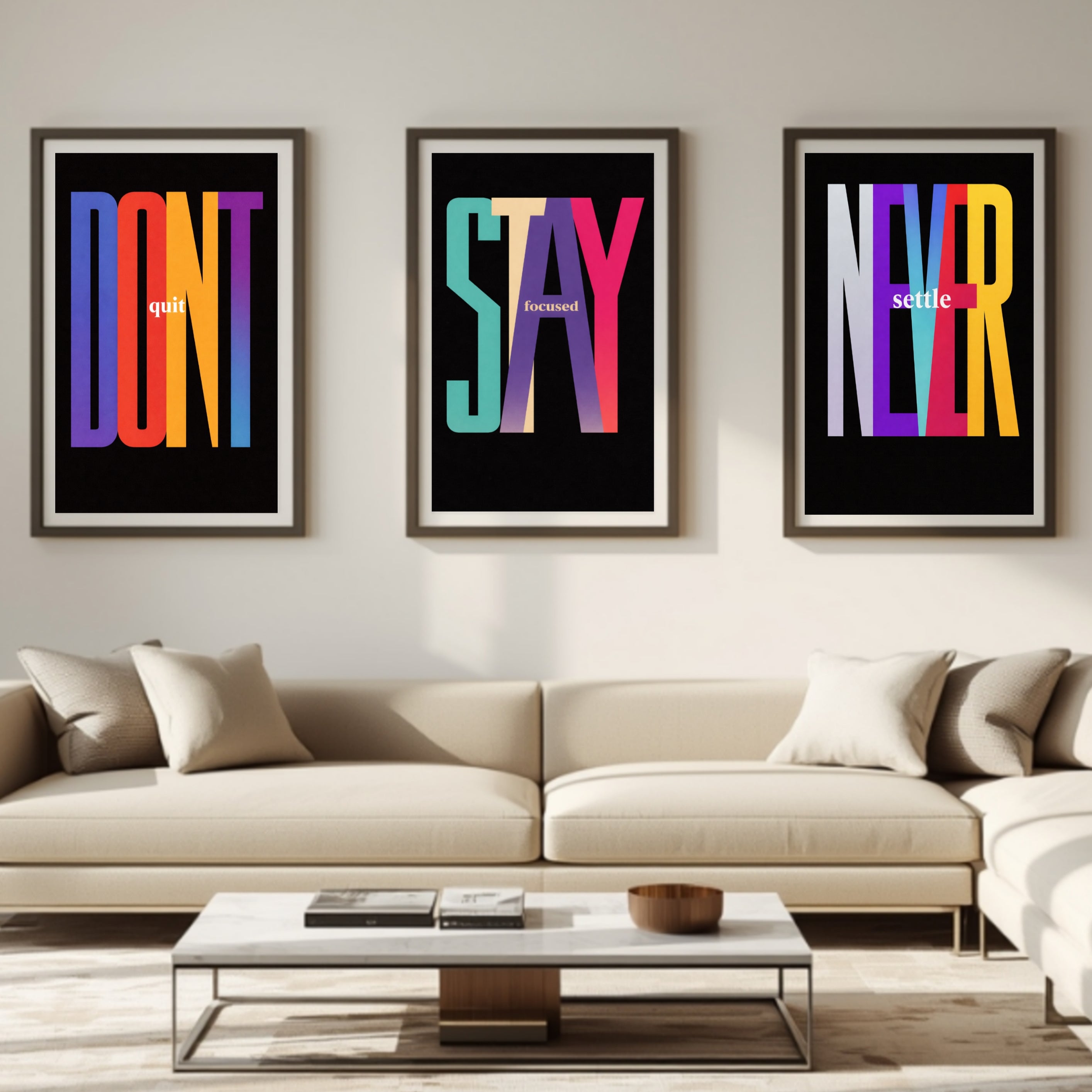 Never Settle Stay Focused Don’t Quit Wall Art Set Colorful Motivational Typography Prints 13x19 Laminated