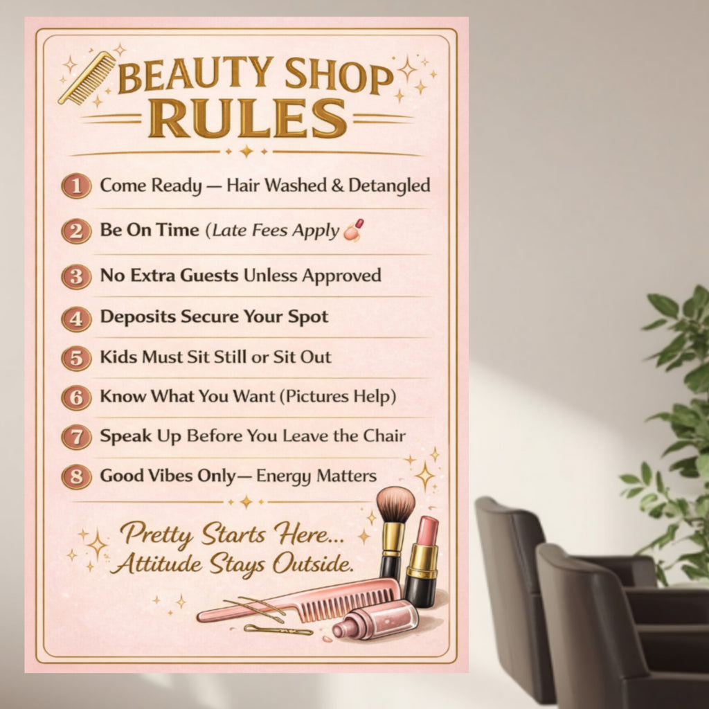 Beauty Shop Rules Sign Salon Policy Poster 13x19 Laminated Hair Salon Decor Professional Stylist Wall Art