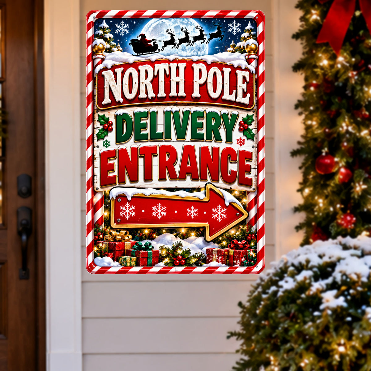 North Pole Delivery Entrance Sign, 13x19 Laminated Santa Christmas Holiday Decor