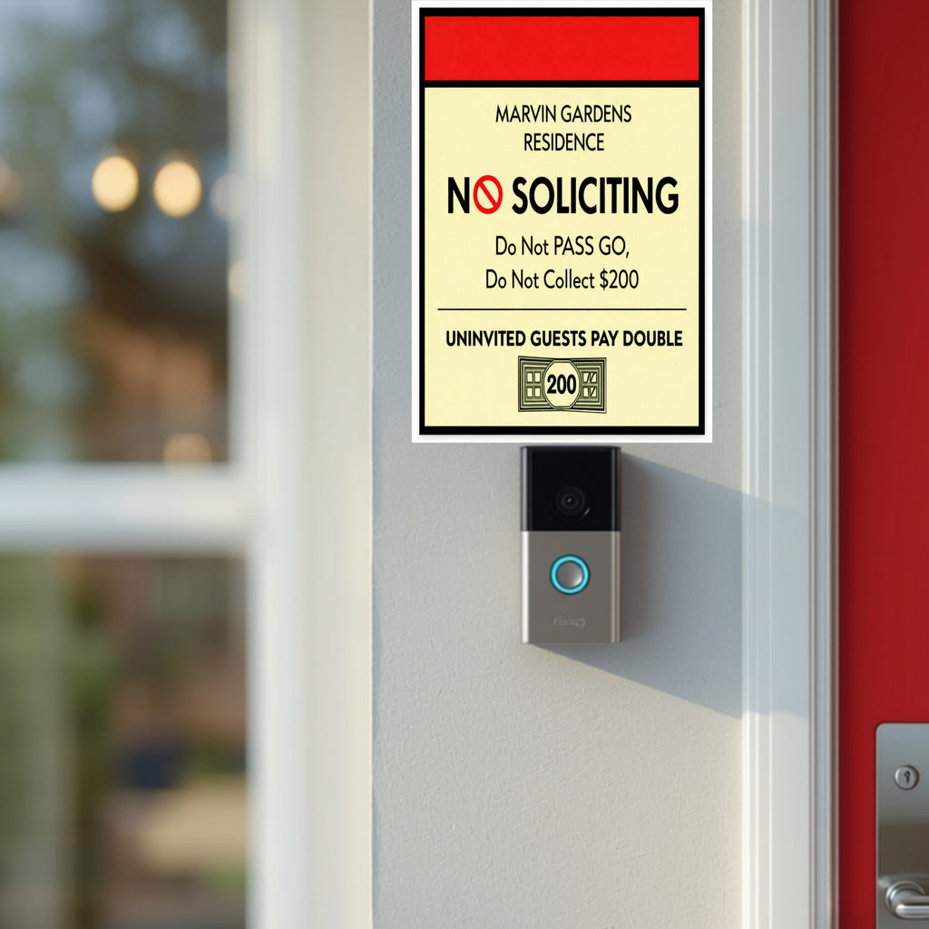 Marvin Gardens No Soliciting Sign – Monopoly Style Door Sign | “Do Not Pass Go, Do Not Collect $200” | Funny Entry Sign