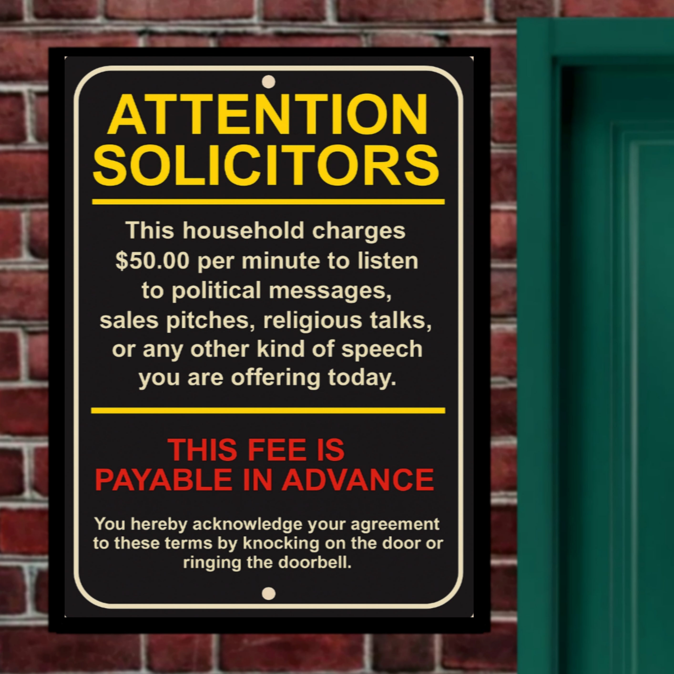 Attention Solicitors Sign – $50 Per Minute Fee Warning | Funny No Soliciting Door Sign 13x19in Laminated or Framed