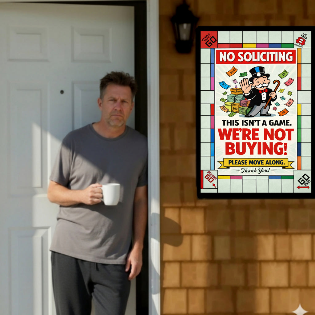 No Soliciting Monopoly Sign We’re Not Buying Please Move Along 13x19 Laminated Funny Door Sign No Salesmen Home Security Decor