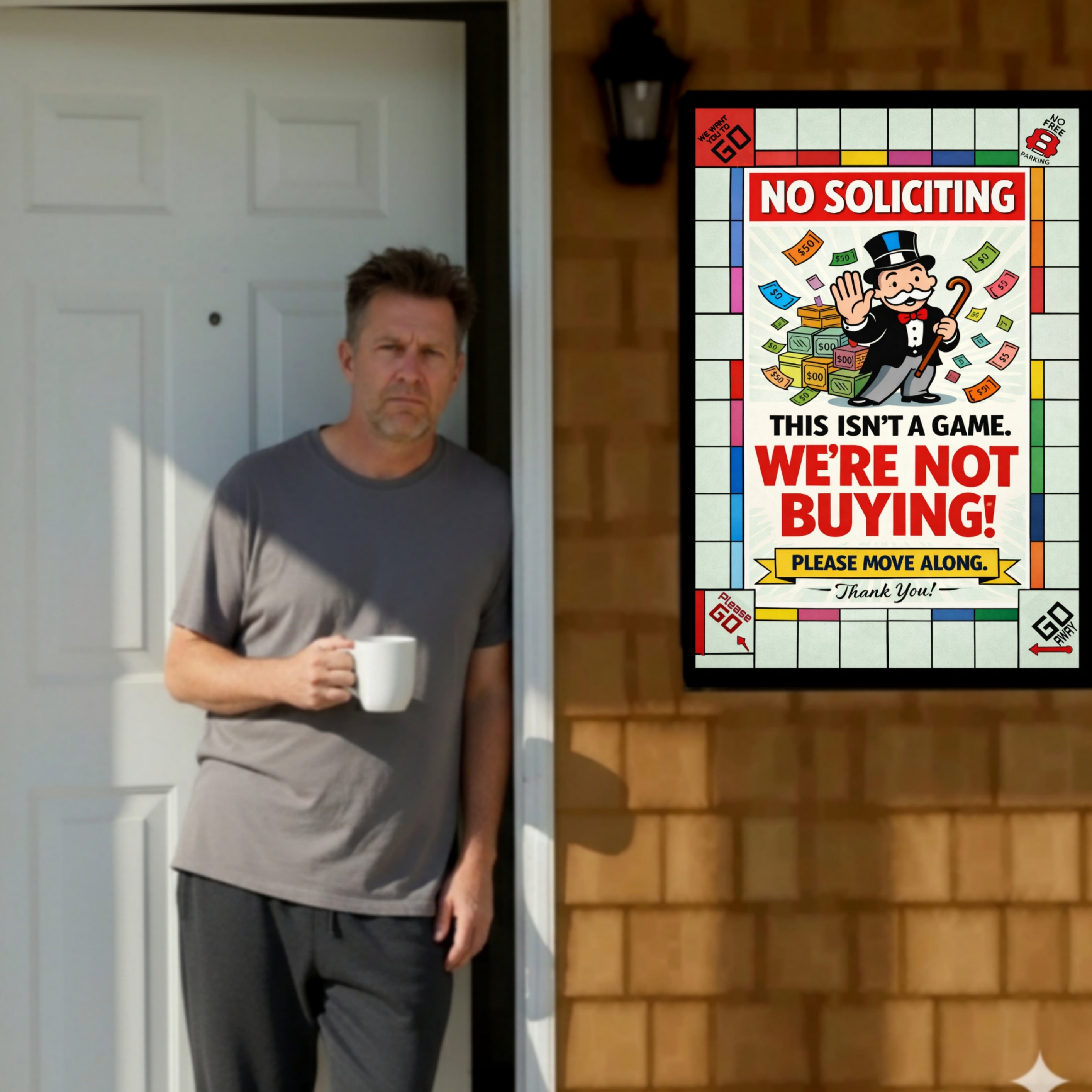 No Soliciting Monopoly Sign We’re Not Buying Please Move Along 13x19 Laminated Funny Door Sign No Salesmen Home Security Decor