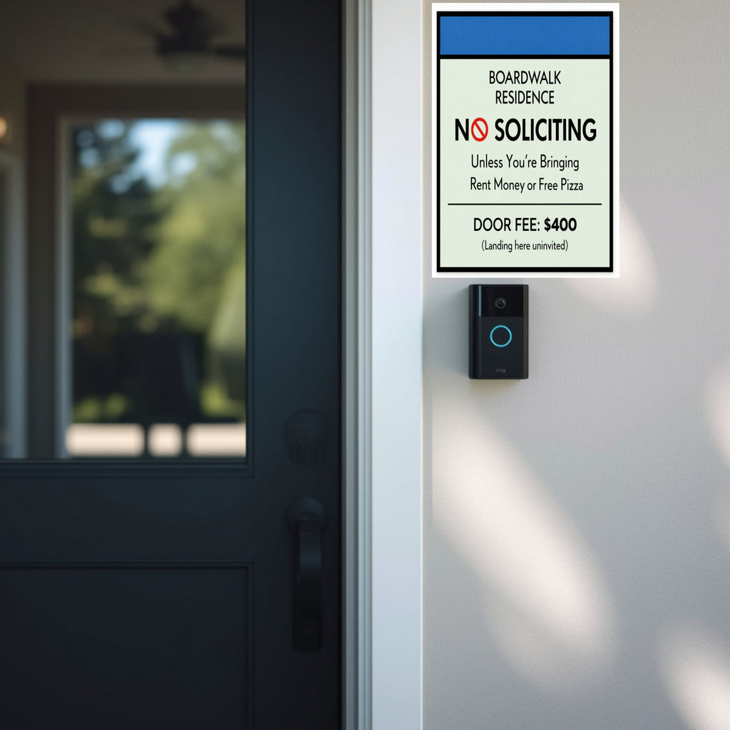 Boardwalk No Soliciting Sign – Funny Door Sign | “Unless You’re Bringing Rent or Pizza” | Modern Home Entry Decor
