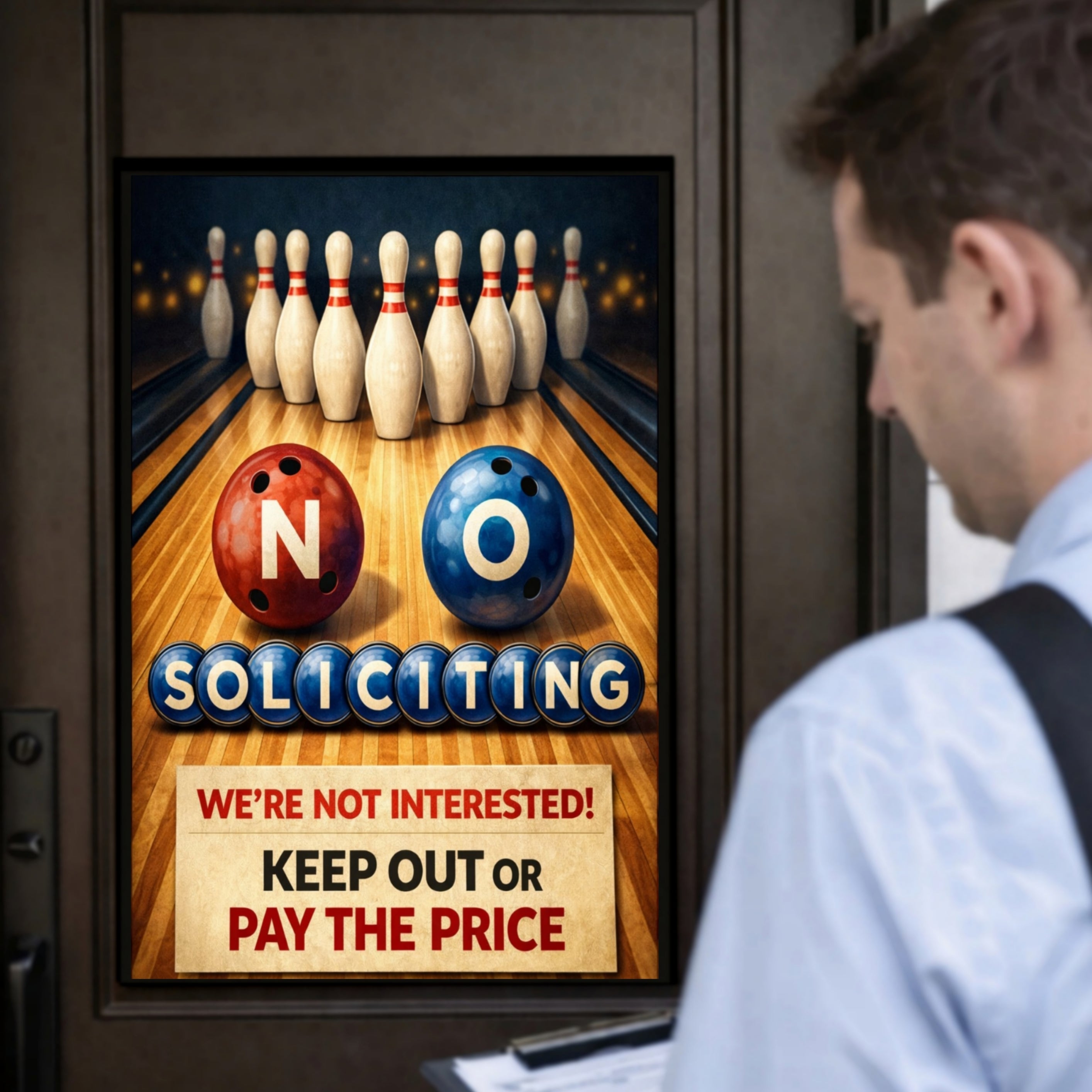 No Soliciting Bowling Sign Funny Door Sign Keep Out Or Pay The Price 13x19 Laminated Home Security Yard Sign Funny Warning Decor