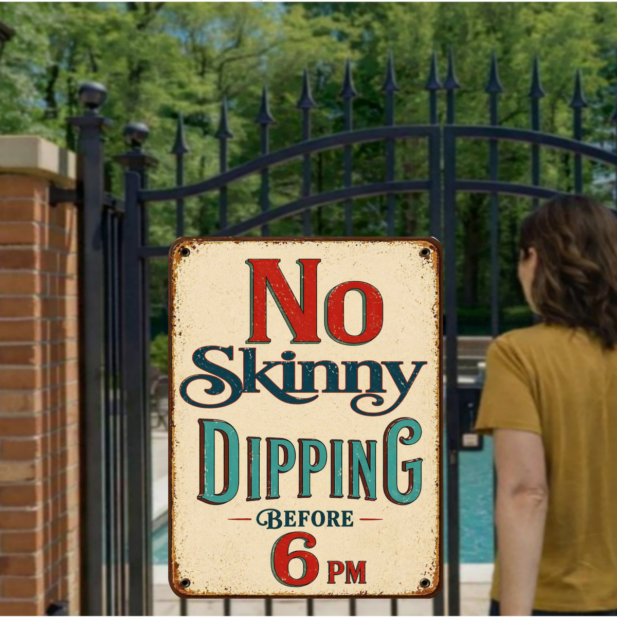 No Skinny Dipping Before 6PM Funny Pool Sign 13x19 Laminated Vintage Pool Decor Retro Backyard Pool Party Sign