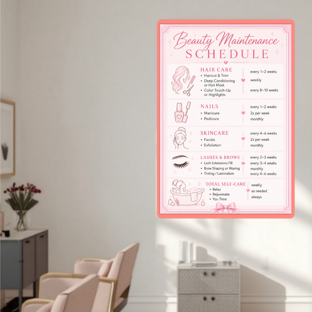 Personalized Beauty Maintenance Schedule Sign | Pink Self Care Wall Decor | Custom Beauty Routine Poster | Girly Bathroom Decor | Laminated Print