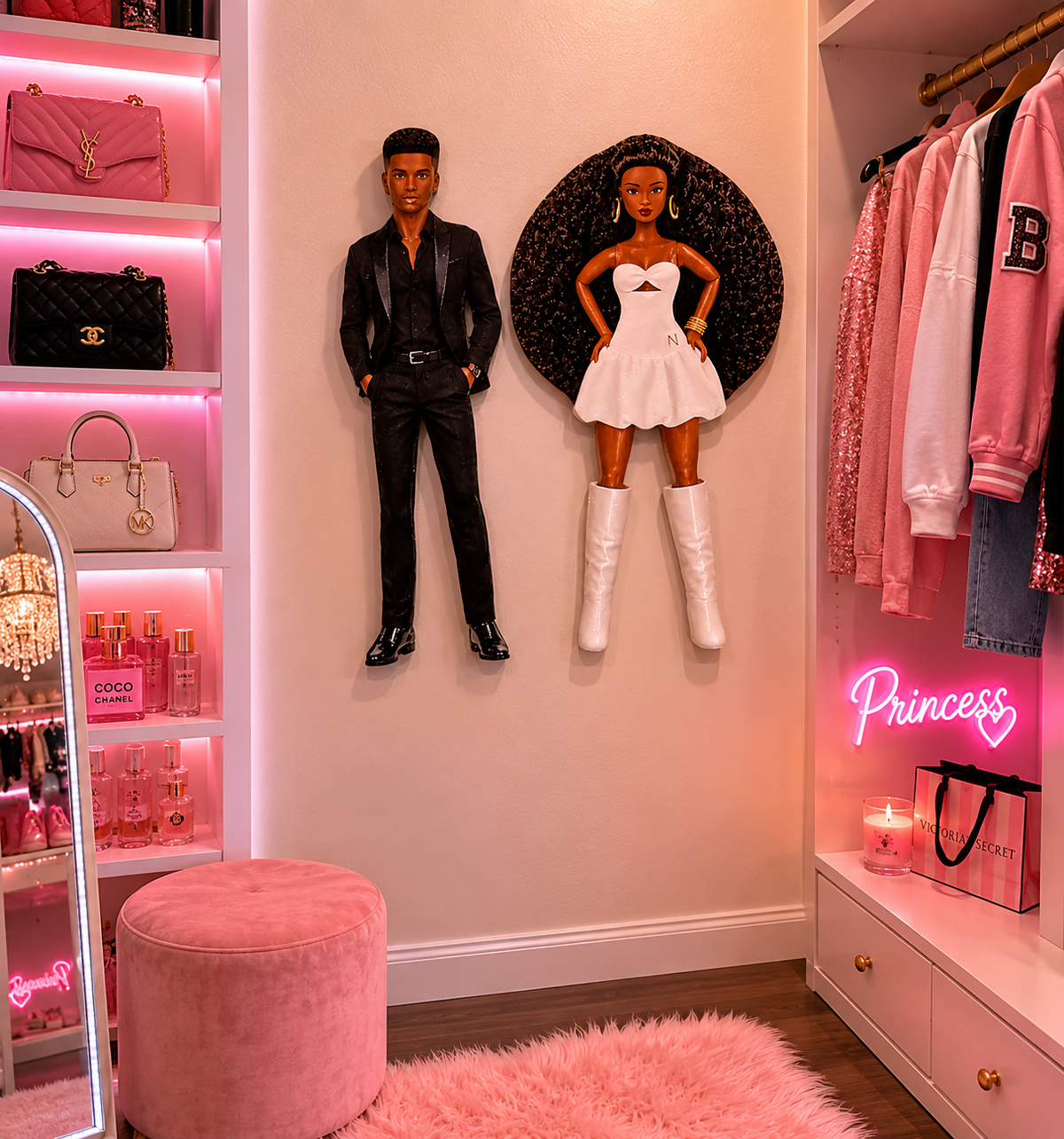 12x18 Wooden Black Barbie & Ken Wall Art | Glossy Handmade Couple Cutouts | Black Couple Bedroom Decor | Fashion Doll Wall Hanging