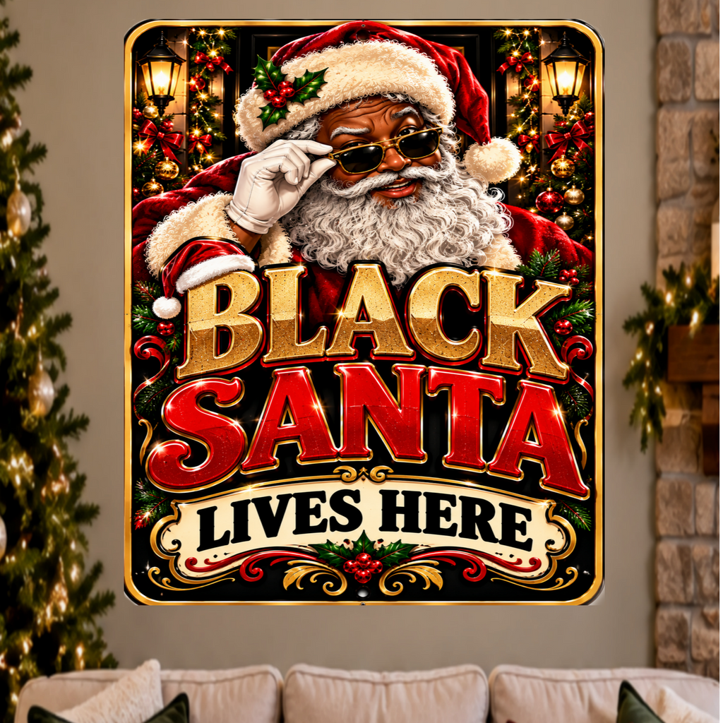 Black Santa Lives Here Sign, 13x19 Laminated African American Christmas Wall Decor