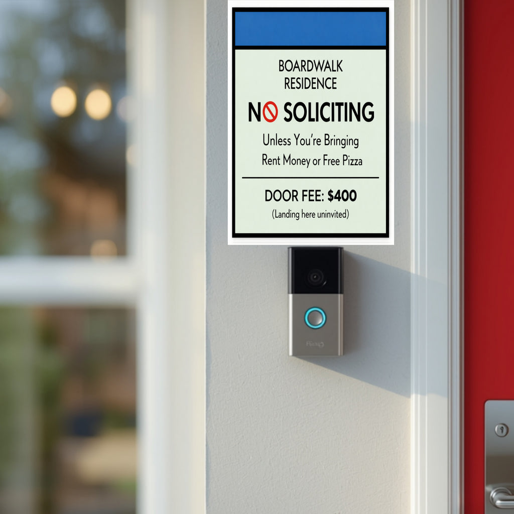 Boardwalk No Soliciting Sign – Funny Door Sign | “Unless You’re Bringing Rent or Pizza” | Modern Home Entry Decor