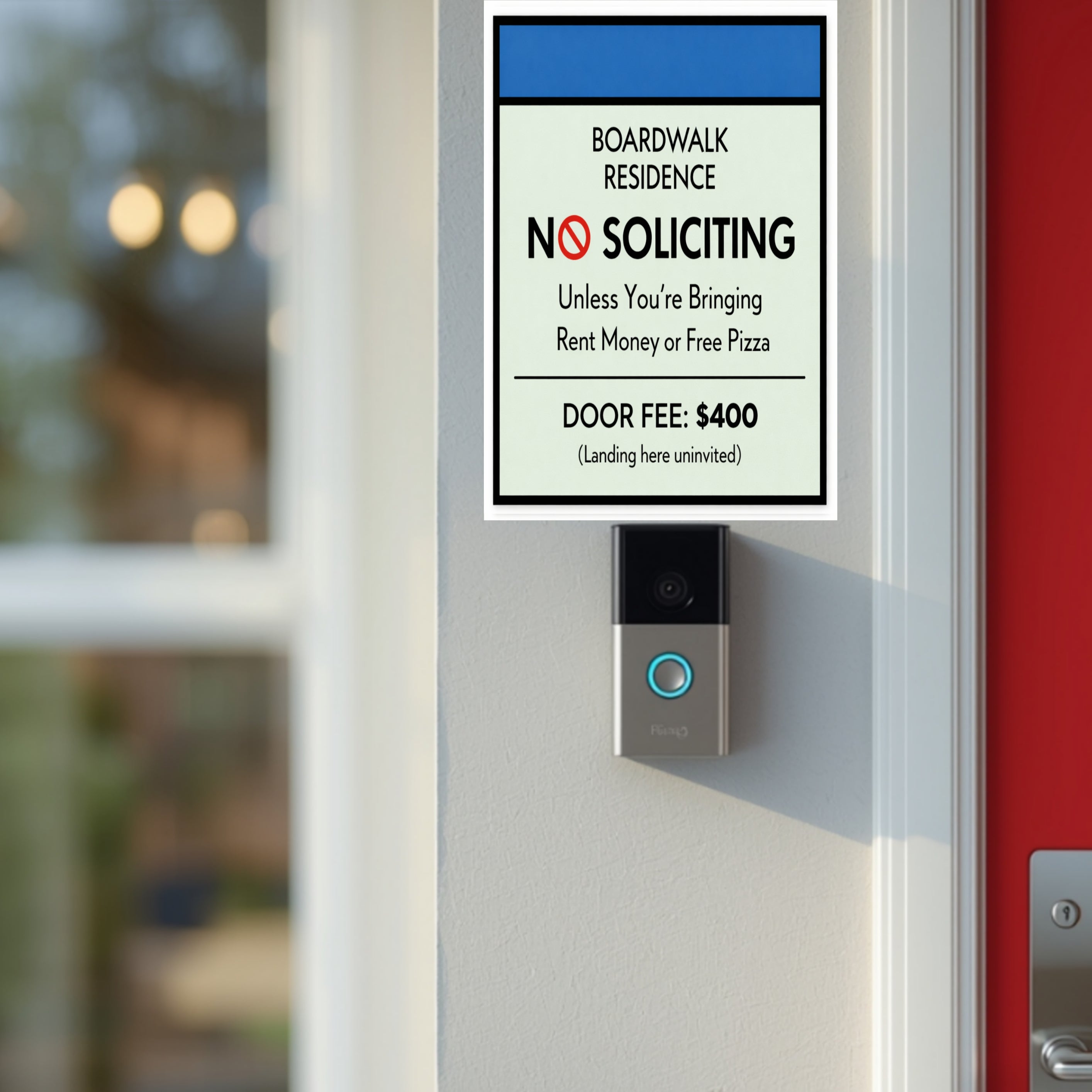 Boardwalk No Soliciting Sign – Funny Door Sign | “Unless You’re Bringing Rent or Pizza” | Modern Home Entry Decor