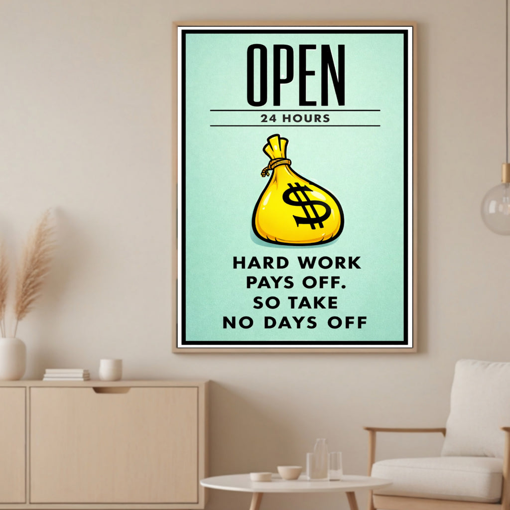 Open 24 Hours Hustle Sign – Hard Work Pays Off Wall Art – 13x19 Laminated Motivational Poster