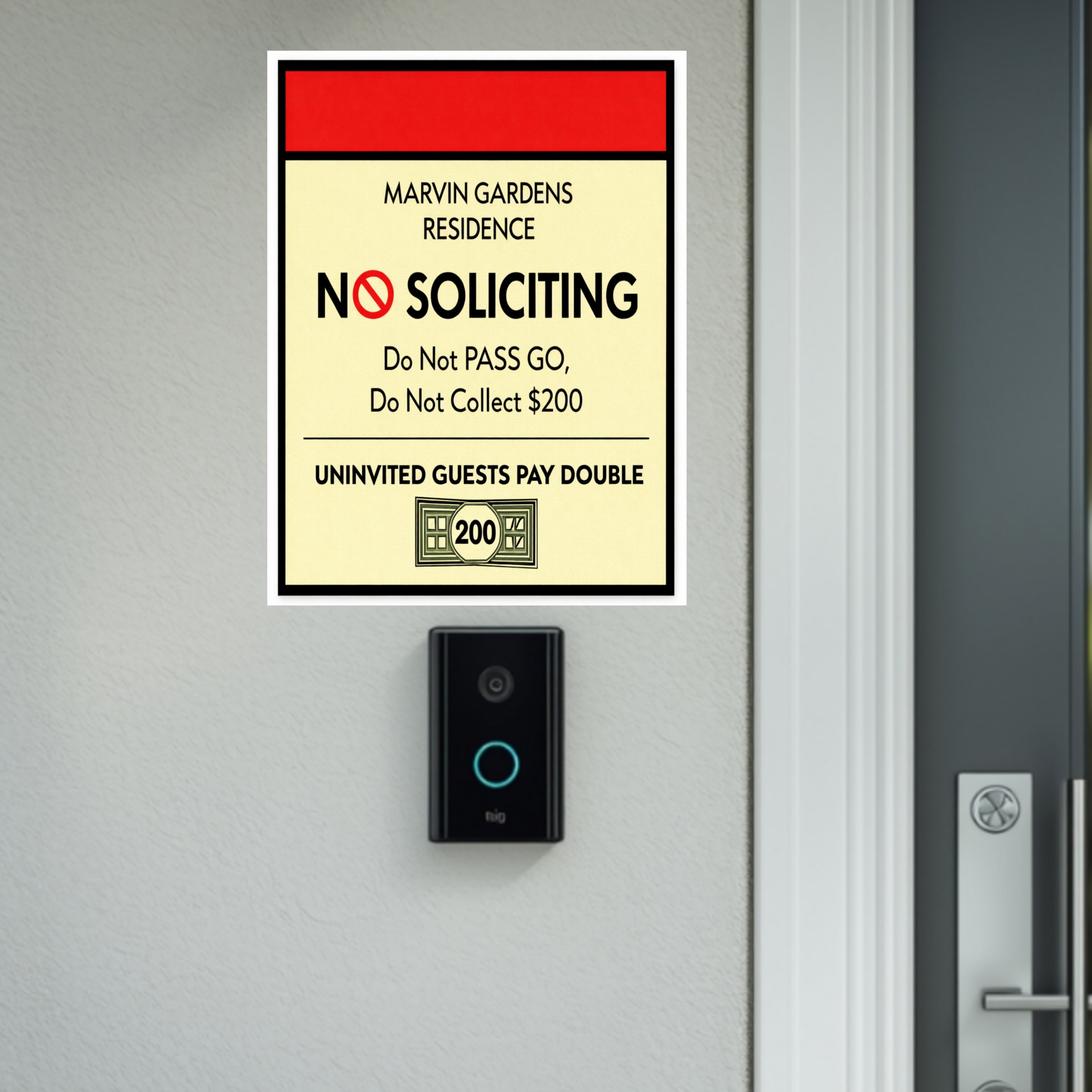 Marvin Gardens No Soliciting Sign – Monopoly Style Door Sign | “Do Not Pass Go, Do Not Collect $200” | Funny Entry Sign