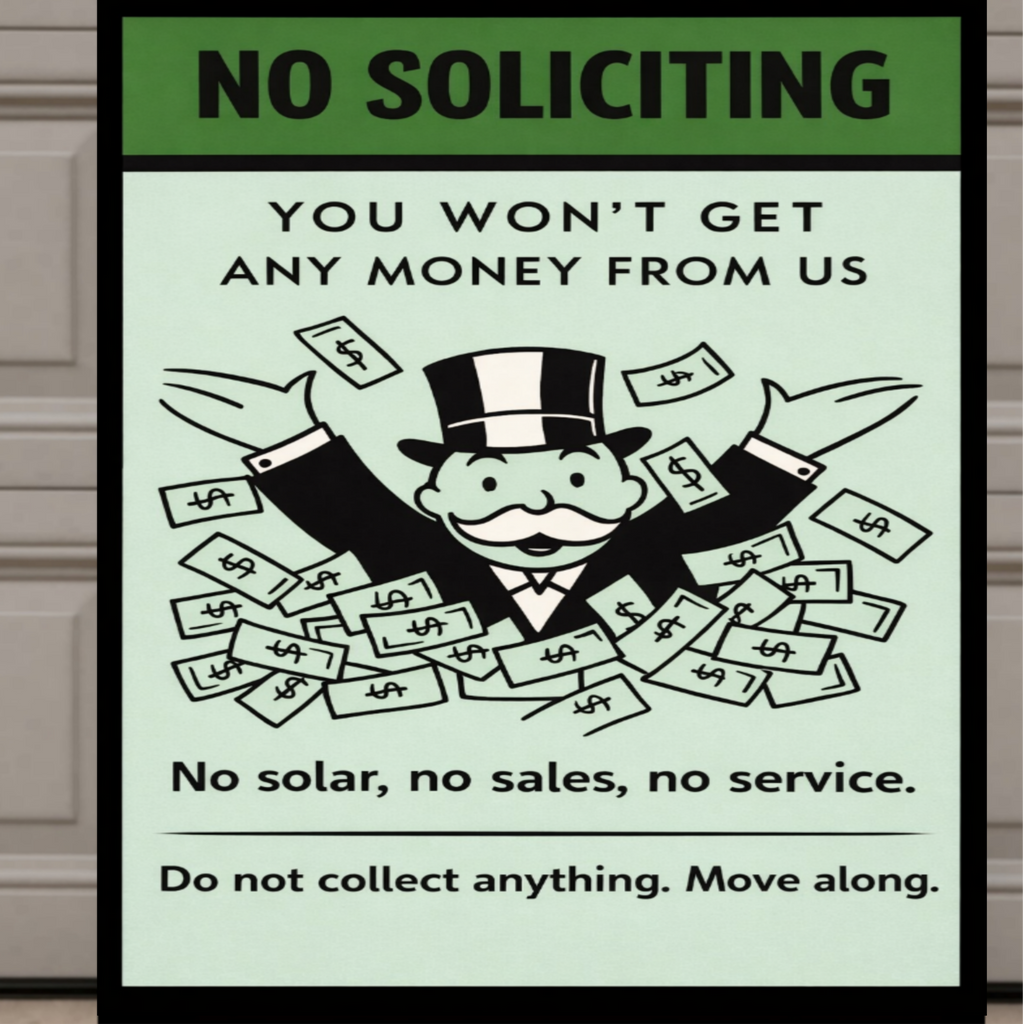 No Soliciting Funny Money Sign We Don’t Want To Buy Move Along Sign 13x19 Laminated Door Sign Home Security Decor