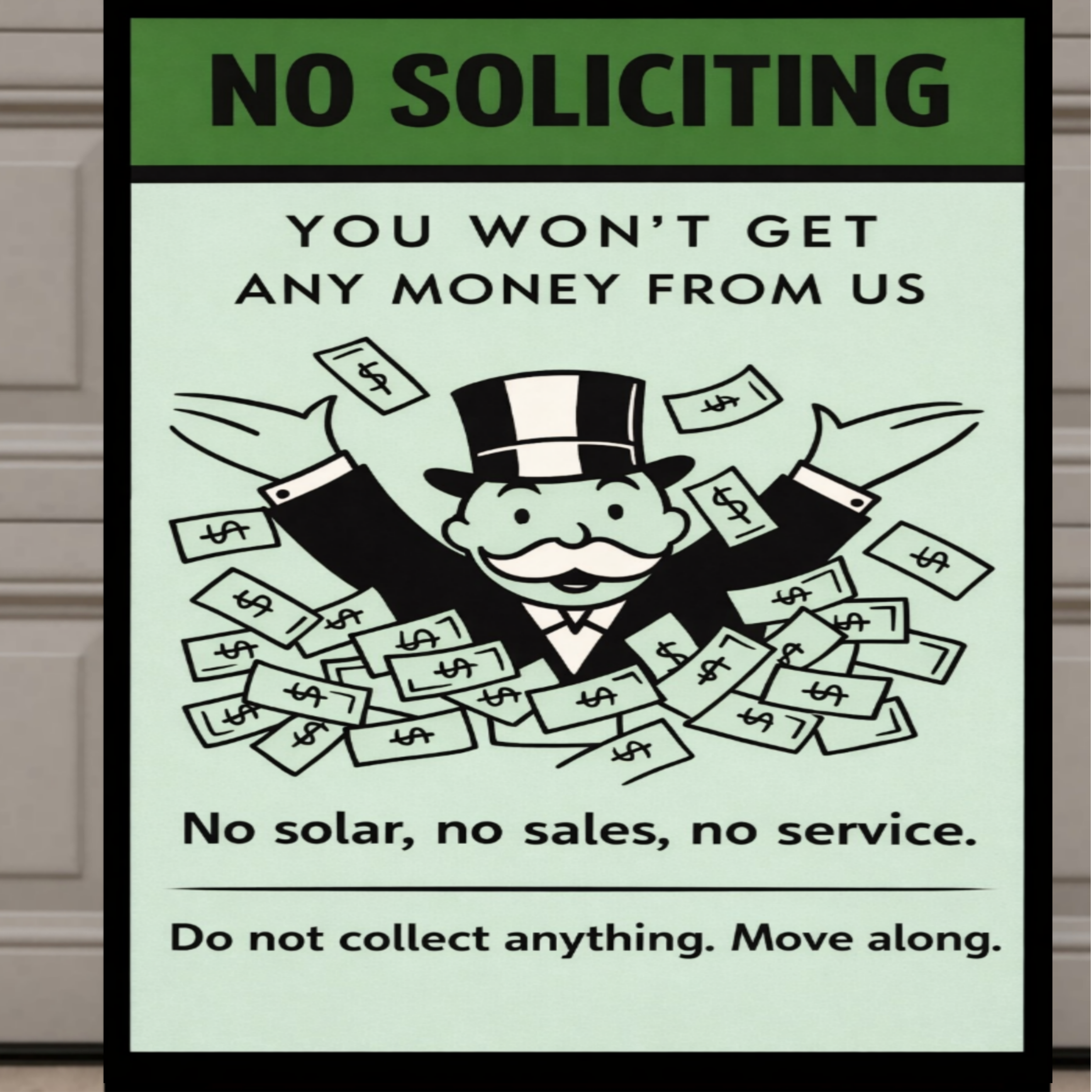 No Soliciting Funny Money Sign We Don’t Want To Buy Move Along Sign 13x19 Laminated Door Sign Home Security Decor
