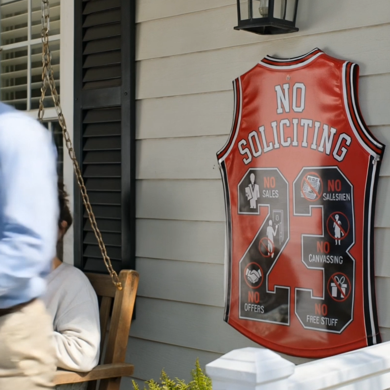 No Soliciting Jersey Sign 19x13in | Laminated Wooden Door Sign | Weather Sealed Sports Style Wall Decor | Cut Out Jersey Sign