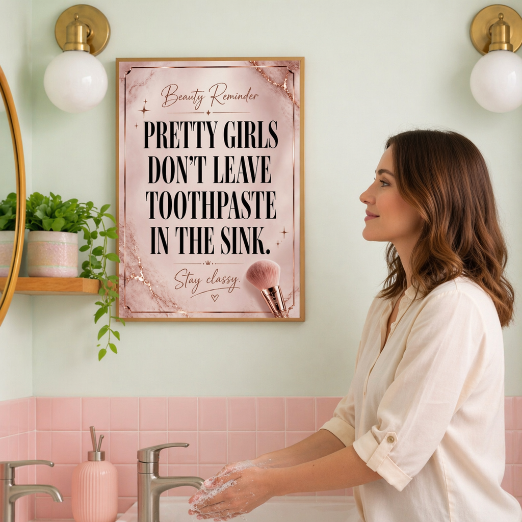 Pretty Girls Don’t Leave Toothpaste In The Sink Bathroom Sign 13x19 Laminated Girly Bathroom Decor Funny Beauty Wall Art