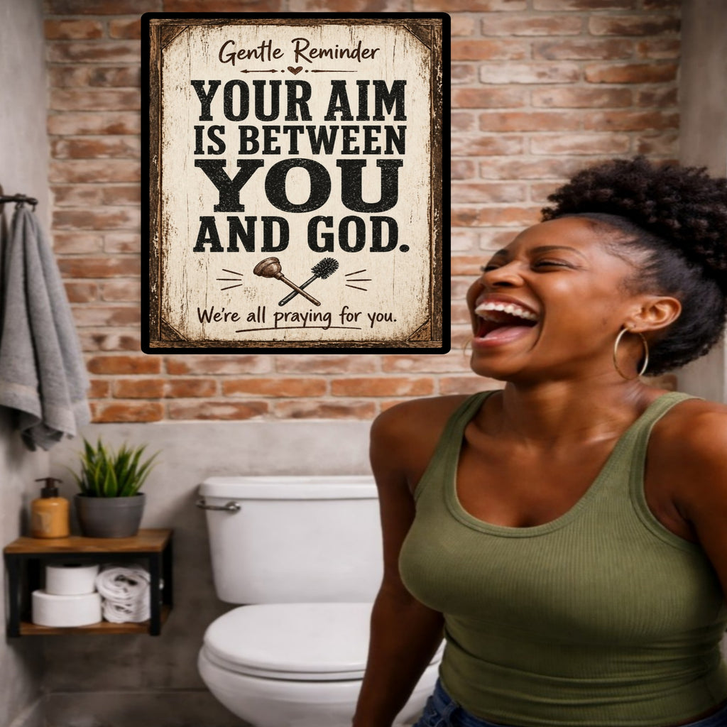 Funny Bathroom Sign – "Your Aim Is Between You And God" | 13x19 Laminated Rustic Farmhouse Wall Art