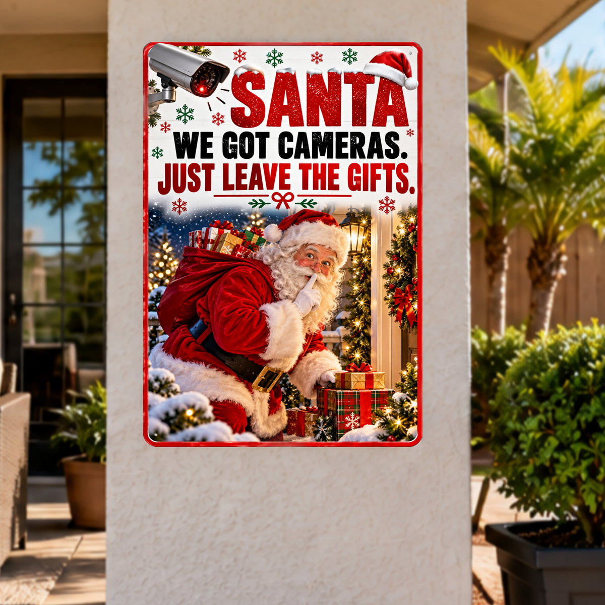 Funny Santa Christmas Sign, We Got Cameras 13x19 Laminated Holiday Window Decor